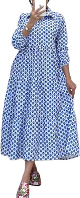 Riva Women Fit and Flare Blue, White Maxi/Full Length Dress