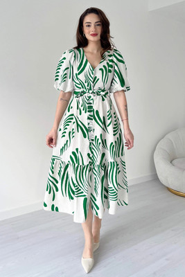 Ompax Women A-line Green, White Below Knee Dress