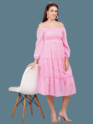 JC4U Women Fit and Flare Pink Midi/Calf Length Dress