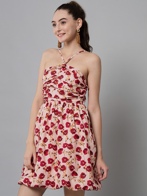 Emeros Women Fit and Flare Maroon, Pink Above Knee/Mid Thigh Length Dress