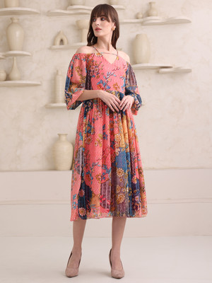 PURVAJA Women Fit and Flare Pink Midi/Calf Length Dress