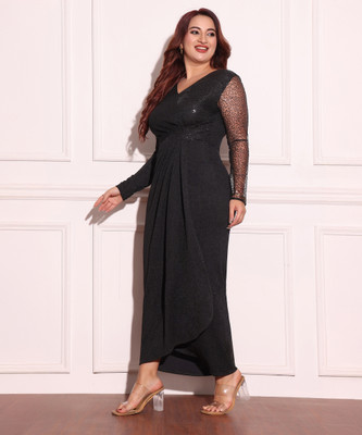 Miss Chase Women Pleated Black Maxi/Full Length Dress