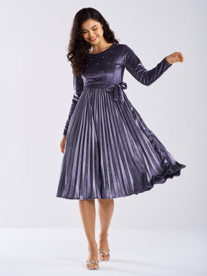 AASK Women Fit and Flare Dark Blue Below Knee Dress