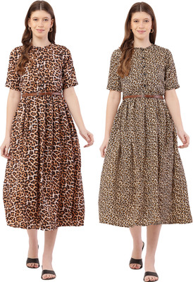 Mamnoon Women Fit and Flare Dark Green, Green Midi/Calf Length Dress
