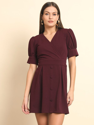 TREND ARREST Women Fit and Flare Maroon Above Knee/Mid Thigh Length Dress