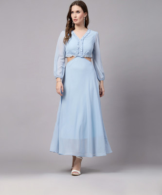 AAYU Women Fit and Flare Light Blue Maxi/Full Length Dress