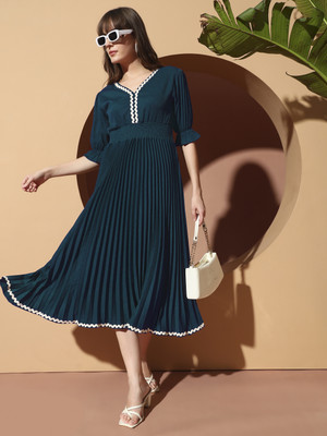 OTABU Women A-line Green Midi/Calf Length Dress