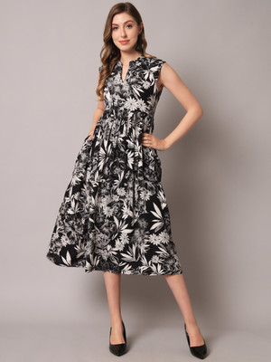 DECKEDUP Women Fit and Flare Black Midi/Calf Length Dress