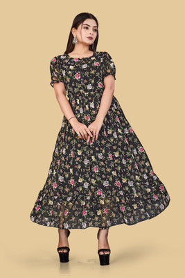 BENIXA TEXTILE Women Fit and Flare Multicolor Maxi/Full Length Dress