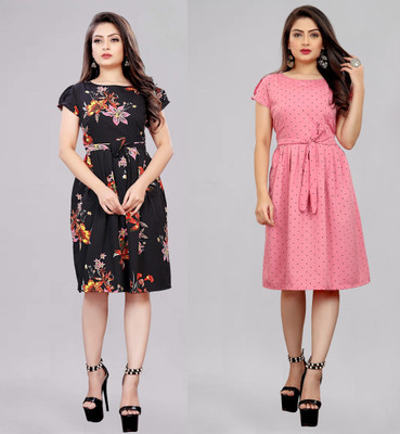 Modli 20 Fashion Women Fit and Flare Pink Below Knee Dress