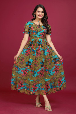 HouseOfCommon Women Fit and Flare Multicolor, Dark Green Midi/Calf Length Dress
