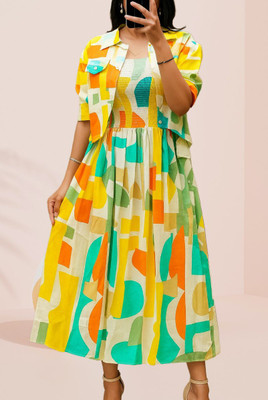 Avnienterprisea Women Fit and Flare Yellow Midi/Calf Length Dress