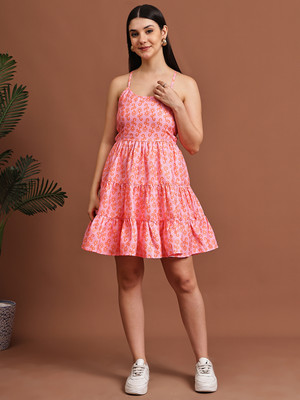 Jakanary Women Fit and Flare Pink Above Knee/Mid Thigh Length Dress