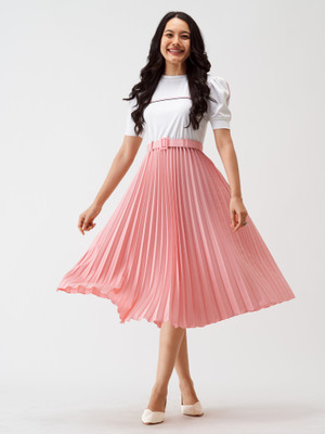 AASK Women Fit and Flare Pink, White Below Knee Dress