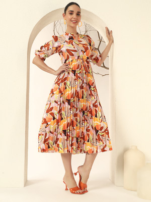 LookShine Women A-line Orange Midi/Calf Length Dress