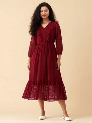 AASK Women Fit and Flare Maroon Midi/Calf Length Dress