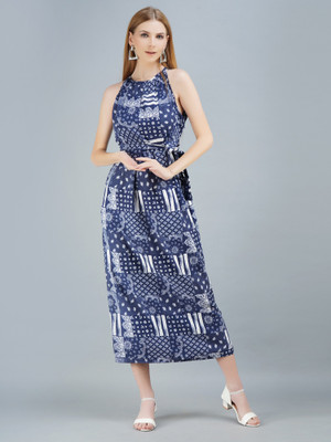 vechii Women A-line Dark Blue Midi/Calf Length Dress