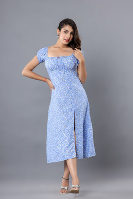 Fab Star Women A-line Light Blue, Dark Blue, White Midi/Calf Length Dress
