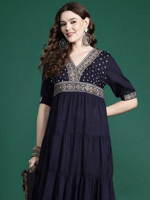 Sangria Women A-line Blue Midi/Calf Length Dress