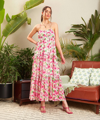 SASSAFRAS Women Fit and Flare Pink Below Knee Dress