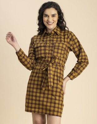 moomaya Women Sheath Brown, Yellow Above Knee/Mid Thigh Length Dress