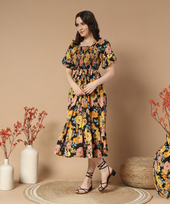 Jash Creation Women Fit and Flare Yellow Midi/Calf Length Dress