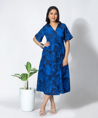 all about you Women Wrap Blue Midi/Calf Length Dress