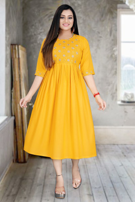 ShopGlobal Women Fit and Flare Yellow Midi/Calf Length Dress