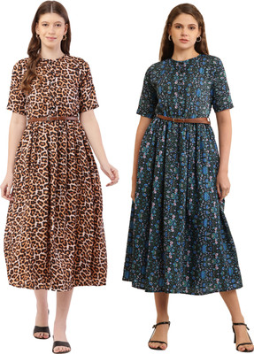 Mamnoon Women Fit and Flare Grey, Dark Blue Midi/Calf Length Dress