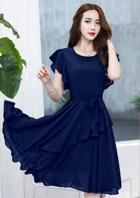 VM STUDIO Women Fit and Flare Blue Midi/Calf Length Dress