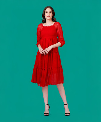 JC4U Women Gathered Red Midi/Calf Length Dress