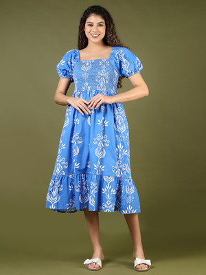 V-MART Women A-line Blue Midi/Calf Length Dress