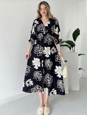 BRAVAL TEXTILE Women Fit and Flare Black Maxi/Full Length Dress