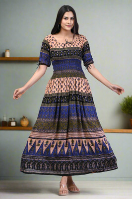 FrionKandy Women Cinched Waist Blue Ankle Length Dress