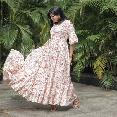 Indian Rani Women Fit and Flare Beige Maxi/Full Length Dress