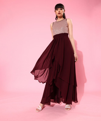 Miss Chase Women Layered Maroon Maxi/Full Length Dress