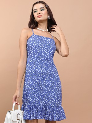 Tokyo Talkies Women Ruffled Blue, White Dress