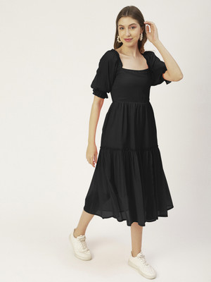 moomaya Women A-line Black Midi/Calf Length Dress