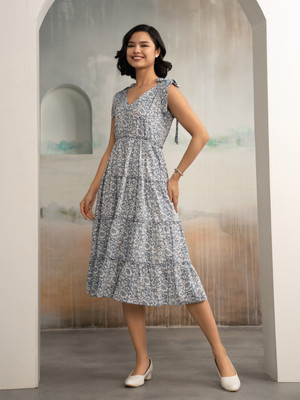 AASK Women Fit and Flare Light Blue Midi/Calf Length Dress