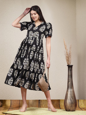Stylum Women Fit and Flare Black, White Midi/Calf Length Dress