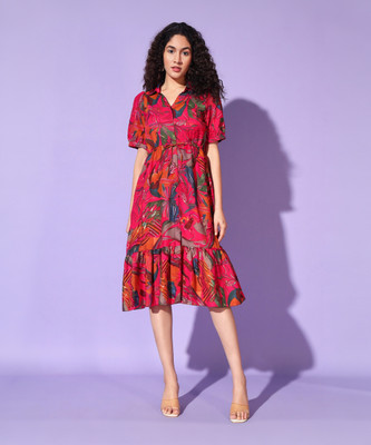 Deklook Women Fit and Flare Pink Knee Length Dress