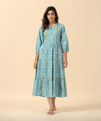 SAVI Women Fit and Flare Blue Midi/Calf Length Dress