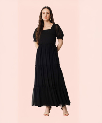 Jash Creation Women Fit and Flare Black Maxi/Full Length Dress