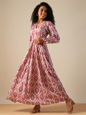 Globus Women Fit and Flare Pink Maxi/Full Length Dress