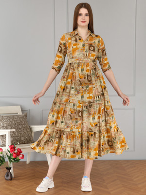 KAKA Women A-line Yellow Maxi/Full Length Dress