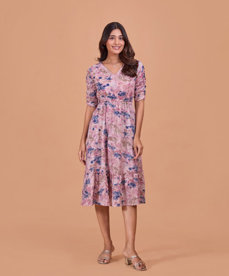 FashFun Women Fit and Flare Pink Midi/Calf Length Dress
