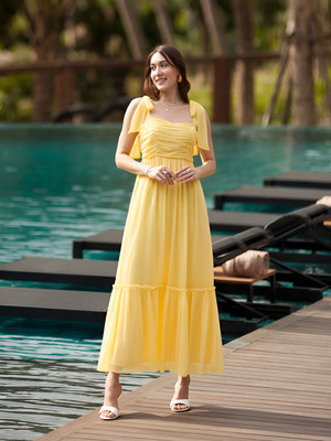 AAYU Women Layered Yellow Maxi/Full Length Dress