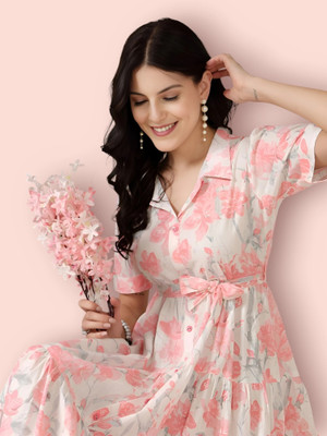 HouseOfCommon Women Fit and Flare White, Pink Below Knee Dress