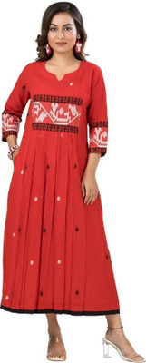 Crazy Needle Women Fit and Flare Red Midi/Calf Length Dress