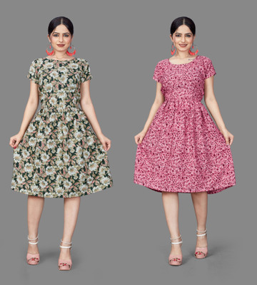 Madhave Women Fit and Flare Multicolor Below Knee Dress